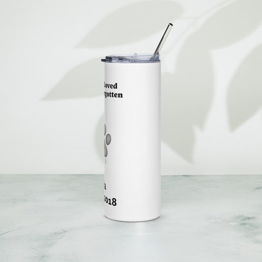 Left side view of 20oz Pawprint Remembrance tumbler featuring custom pet memorial wrap design.